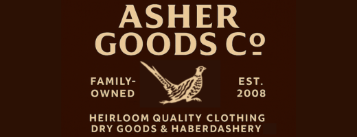Logo of Asher Goods Co. with text and a pheasant illustration on a brown background