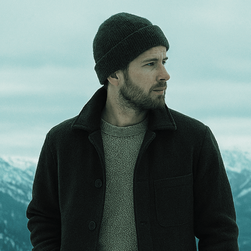 Man wearing a dark coat and beanie with a mountainous background